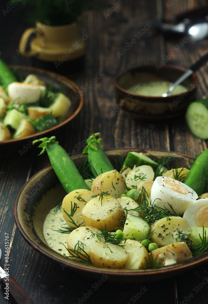 A bowl with farming summer salad in rustic style A bowl with farming summer salad in rustic style