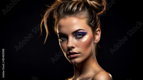 Caucasian woman with a graphic eye shadow look and a bare lip. Her hair is styled in a messy bun