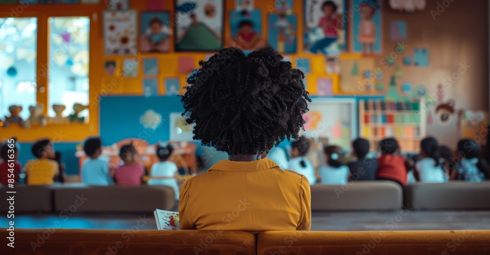 Kindergartners, girl reading a story in a montessori school, teachers, children, and woman teaching language in fantasy in a preschool. Kindergartners, girl reading a story in a montessori school, teachers, children, and woman teaching language in fantasy in a preschool.
