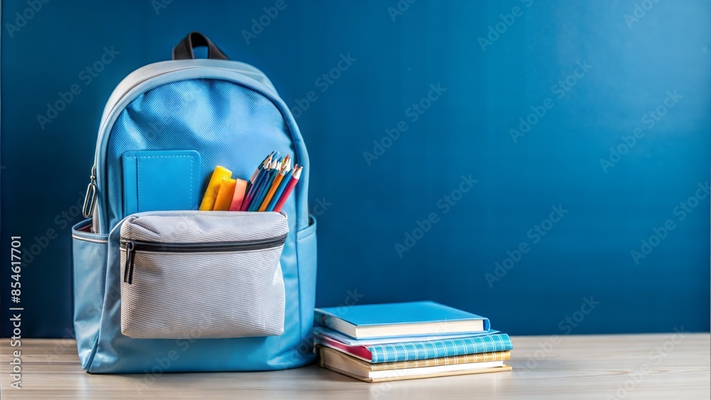 Backpack and school supplies on the background of a school board. Backpack and school supplies on the background of a school board.