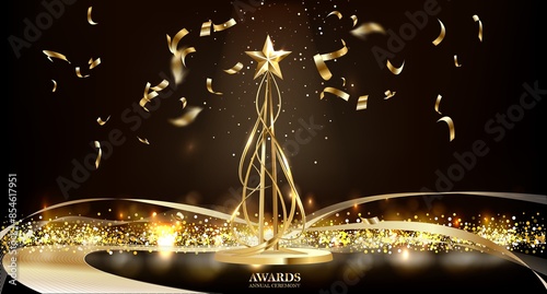 Trophy gold star on podium with ribbon elements and glitter light effects decorations and bokeh. illustration.