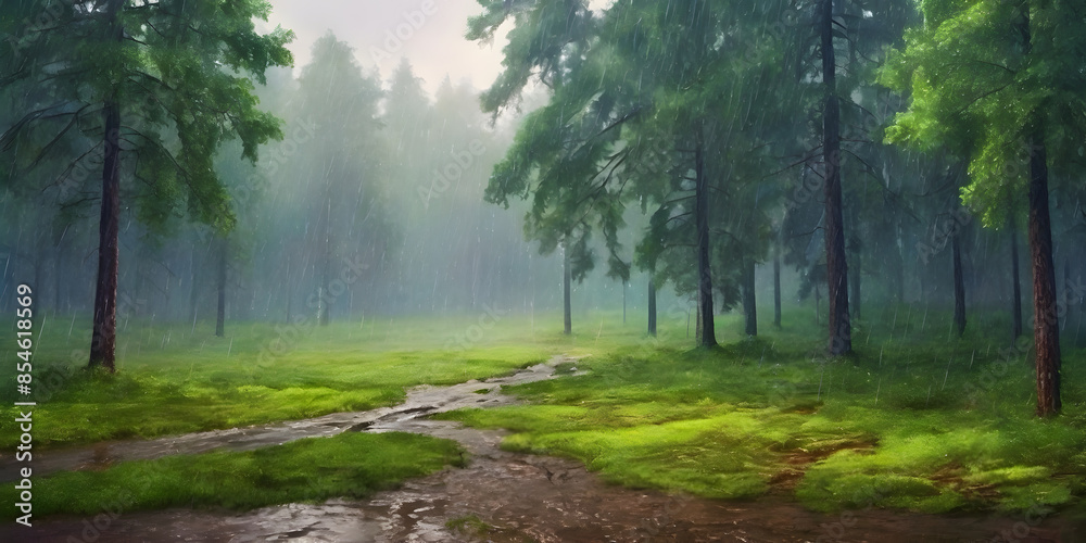 Fototapeta premium Rain in a foggy forest