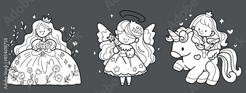 fairy tale prince princess dragon fairy
line drawing, wear white
hand drawn line illustration coloring book