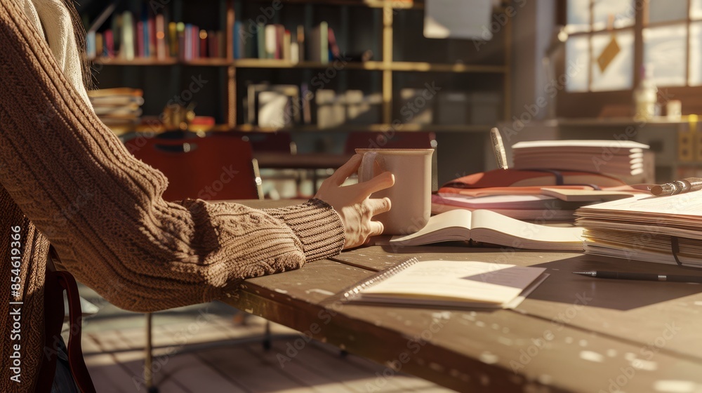 A teacher grading papers in a classroom after school, with a comforting mug of coffee keeping them company. A teacher grading papers in a classroom after school, with a comforting mug of coffee keeping them company.