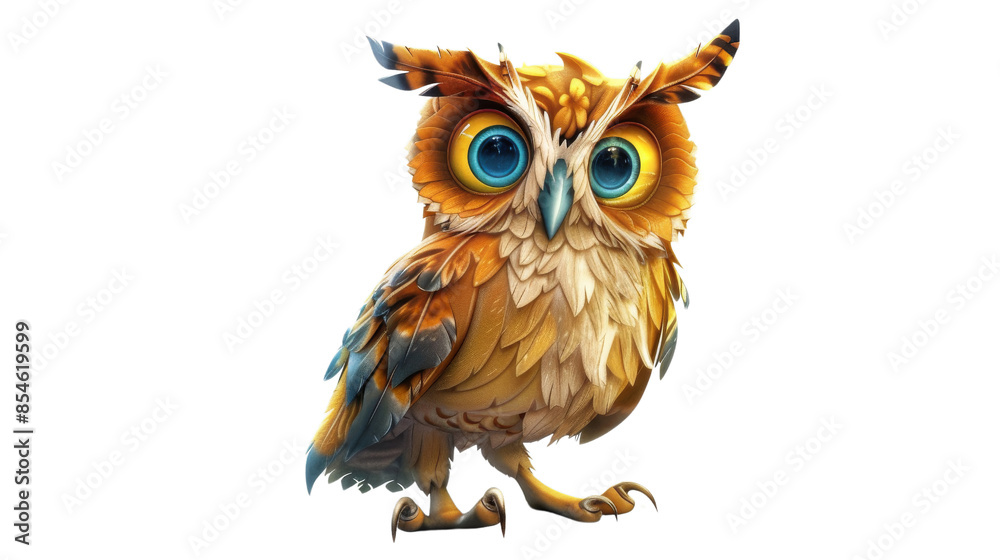 Naklejka premium A vibrant cartoon owl with large, expressive eyes and detailed feathers. The image is on a transparent background