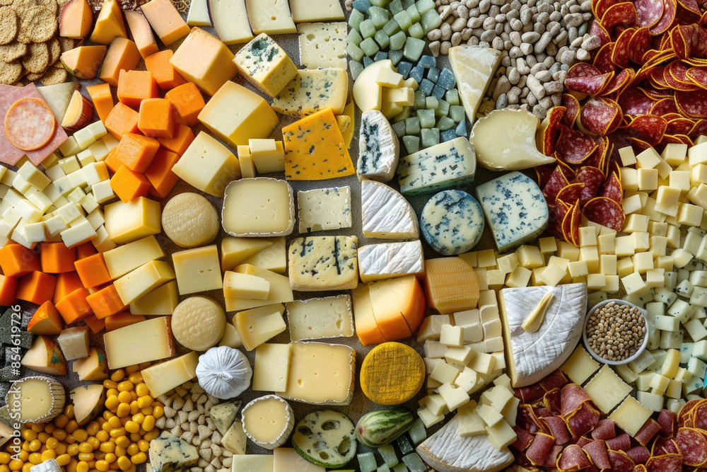 A vibrant mosaic made entirely of various cheese types and textures