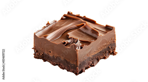 A decadent chocolate fudge square with a smooth, rich texture. The image is on a transparent background