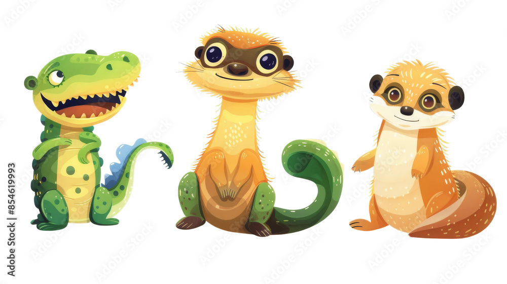 Obraz premium A delightful trio of cartoon animals, including a crocodile, a meerkat, and a mongoose. The image is on a transparent background