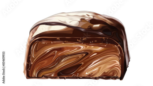 A close-up image of a cross-section of chocolate layered candy, showing the rich and swirled interior. The image is on a transparent background