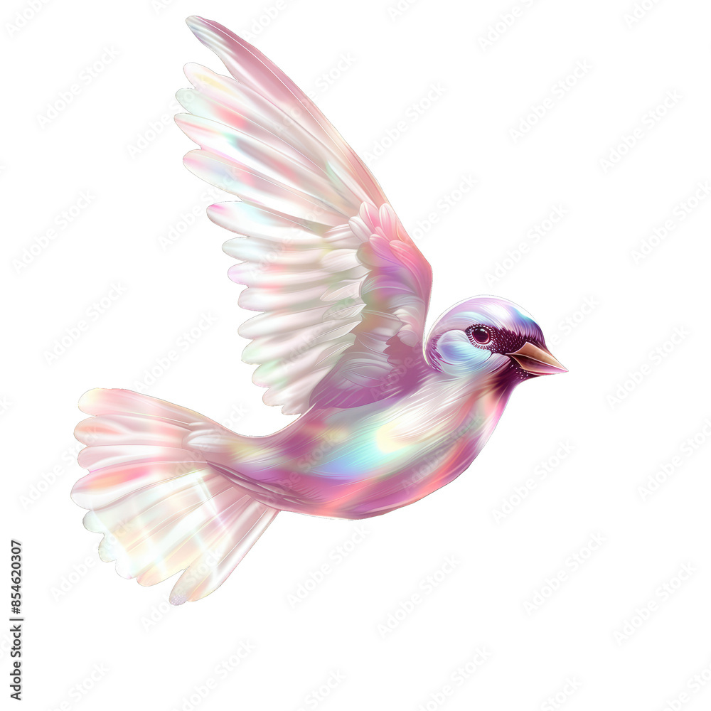 Obraz premium Flying bird, shiny iridescent holographic colors on a white background in the style of clipart.