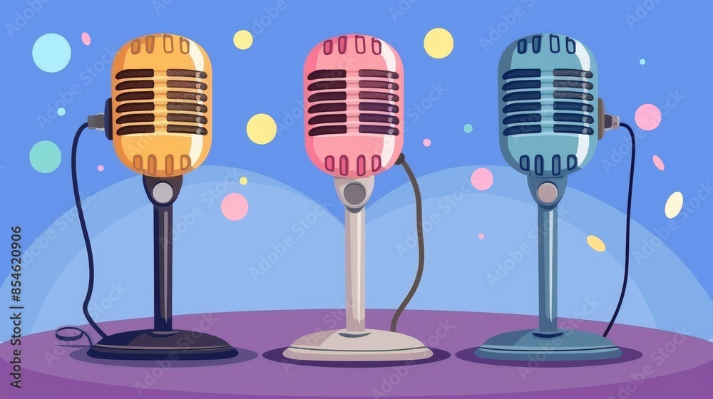 Advertisement posters for karaoke clubs, open mics and broadcast concerts. Illustrations for microphone posters. Advertisement posters for karaoke clubs, open mics and broadcast concerts. Illustrations for microphone posters.
