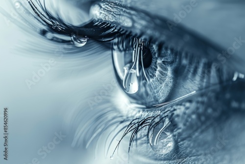 Close-up of closed eyelid showing teardrop on eyelashes. Close-up of a tear on eyelashes. Blue-tinged tear runs down cheek. Sad woman concept. photo