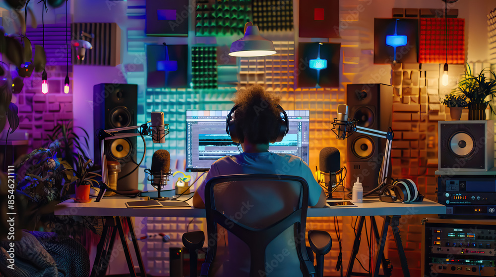 back view podcaster in a home studio with microphones set up across a table, soundproofing panels on the walls, recording equipment within reach, and branding elements. back view podcaster in a home studio with microphones set up across a table, soundproofing panels on the walls, recording equipment within reach, and branding elements.