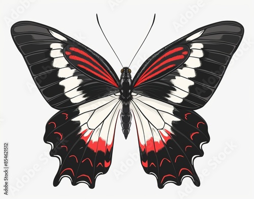 This black-red butterfly is Papilio Rumanzovia with spread wings isolated on white background. photo