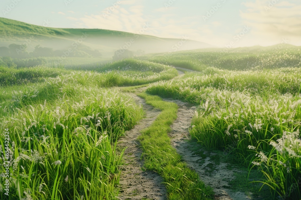 Scenic winding path through a field of green grass in the morning. Beautiful natural image Scenic winding path through a field of green grass in the morning. Beautiful natural image