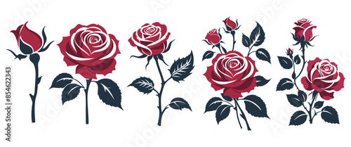 Set of decorative red rose with leaves. Flower silhoutte. Vector illustration
