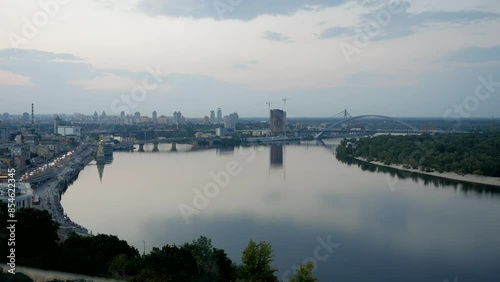 View of the evening Dnieper river and bridges in Kyiv