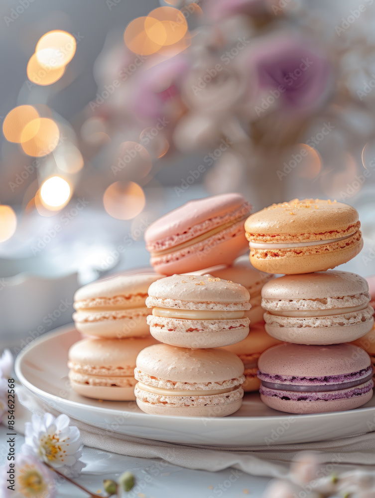 A stack of colorful macarons on a plate, with a soft floral background.