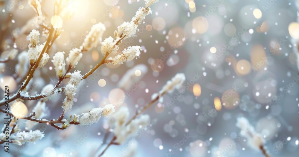 Atmospheric artistic image with beautiful bokeh of blooming willow branches in spring outdoors on dark background.