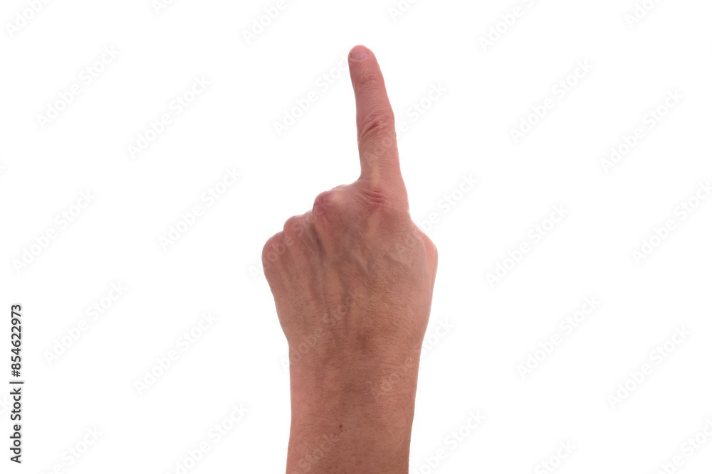 Hand signs. One. Male hand with one fingers directed upward isolated on white background. Hand signs. One. Male hand with one fingers directed upward isolated on white background.