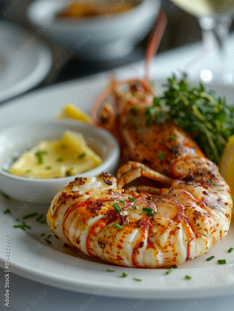 Grilled lobster with butter and herb garnish on a white plate. Grilled lobster with butter and herb garnish on a white plate.