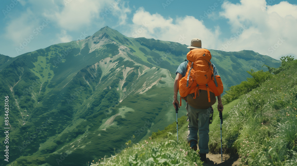 Naklejka premium Wanderer auf dem Weg zum Gipfel