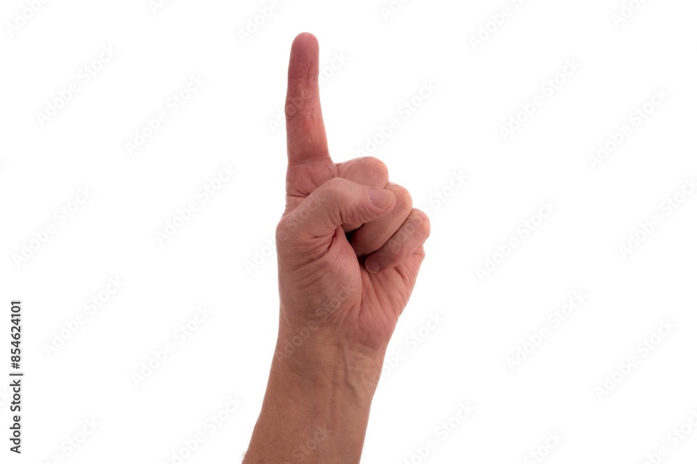 Hand signs. One. Male hand with index finger directed upward isolated on white background. Hand signs. One. Male hand with index finger directed upward isolated on white background.