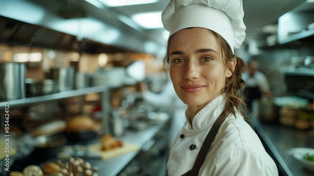 Confident female chef in busy restaurant kitchen wearing white chefs uniform hat, multi-tasking delicious smiling professional Confident female chef in busy restaurant kitchen wearing white chefs uniform hat, multi-tasking delicious smiling professional
