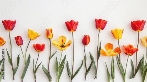 Tulips in shades of red and yellow set against a white backdrop photo