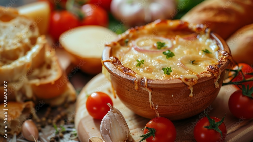 Studio shot with melted cheese in the background. Onion soup in bread Many tomatoes around close-up Studio shot with melted cheese in the background. Onion soup in bread Many tomatoes around close-up