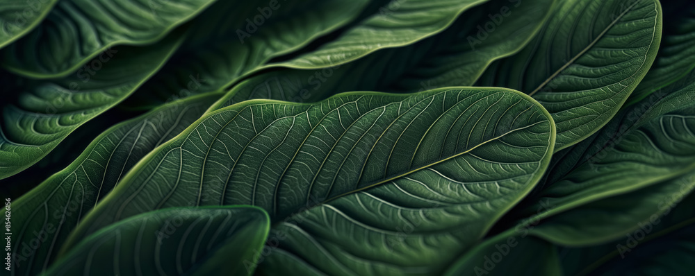 Obraz premium Close Up of Overlapping Flat Lay Green Leaves . Nature, Botanical, Gardening Day background, copy space.