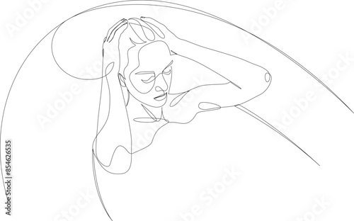 Woman taking spa bath continuous one line drawing. Concept of beauty treatments, self care, sensory deprivation. Vector illustration. Editable stroke