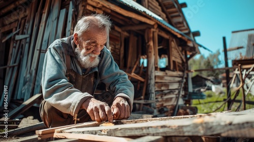 Photograph of an old man planning a wooden house to build a house.
