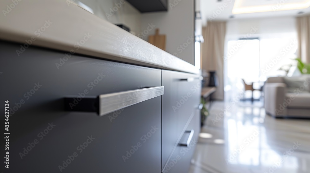 Selective focus on steel handle of modern kitchen cupboard door in loft style apartment Living room element of well furnished contemporary house Selective focus on steel handle of modern kitchen cupboard door in loft style apartment Living room element of well furnished contemporary house
