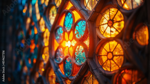 Close-up of vibrant stained glass window with intricate patterns.