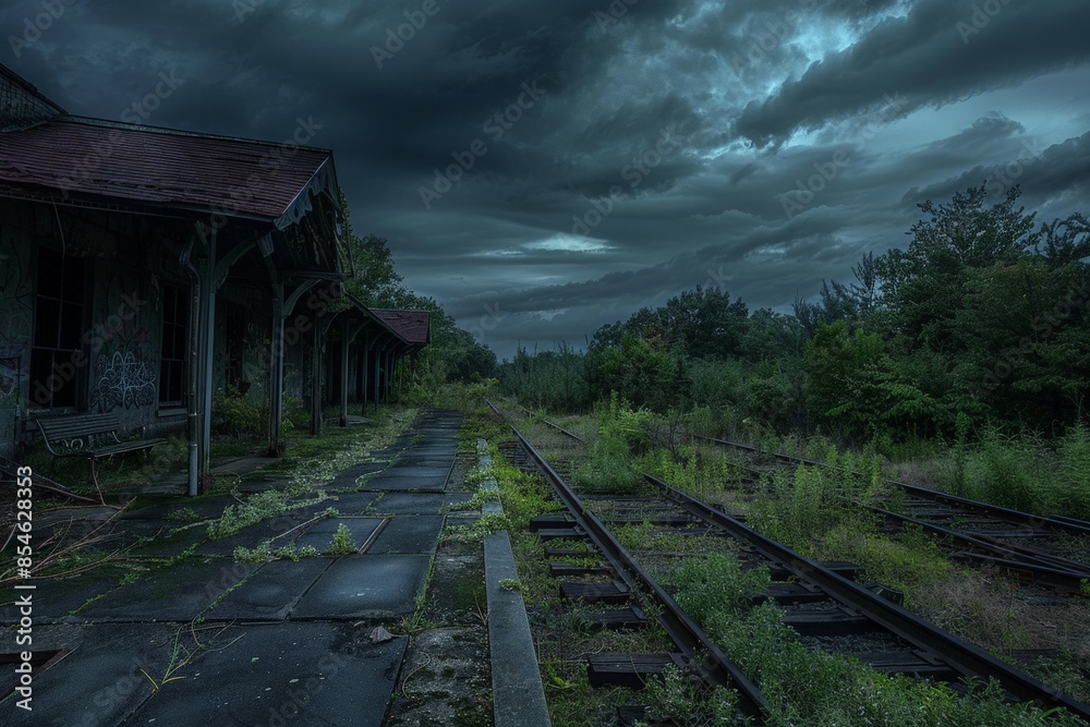 Obraz premium Abandoned train station with overgrown tracks and broken windows, under a dark, foreboding sky, illustrating the end of human progress and movement 