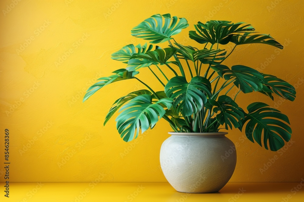 Monstera ornamental plant with lush green foliage, placed in a white pot against a soft pastel yellow background. Monstera ornamental plant with lush green foliage, placed in a white pot against a soft pastel yellow background.