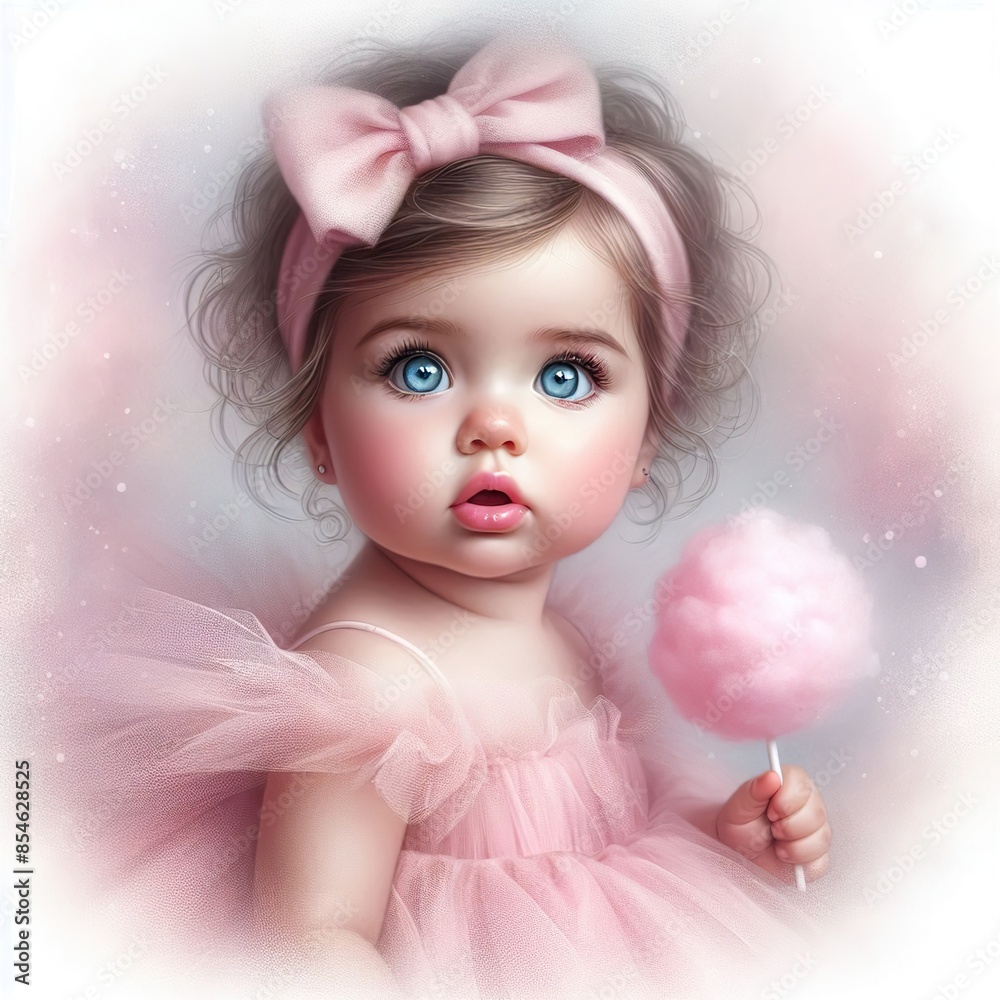 Fototapeta premium realistic airbrush painting of a baby girl in pastel pink tulle dress ,with a big bow,blue eyes, curly hair, pastel pink lips, pastel pink cotton candy in her hand