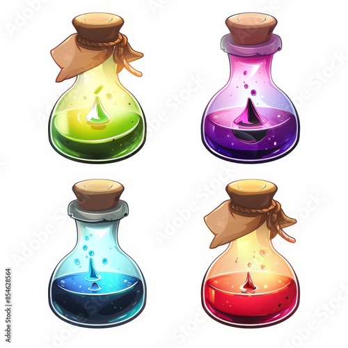 Modern set of magic potion glasses, different shapes and fillings flasks with corkwood plugs, game assets photo