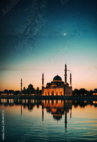 the beautiful mosque at night with the stars in the sky