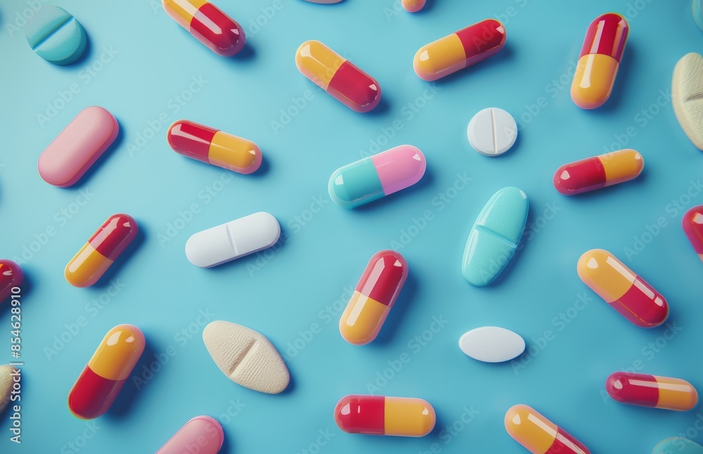 3D render illustration with various pills and medicines on a blue background. 3D render illustration with various pills and medicines on a blue background.