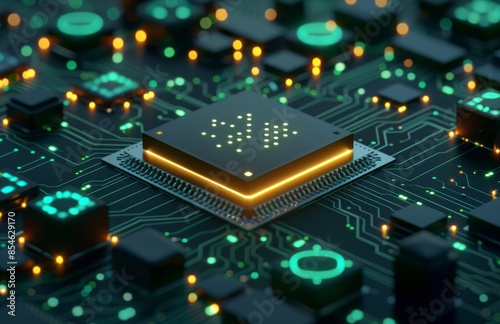 An illustration of a futuristic computing concept with a glowing CPU processor. A machine that learns through quantum physics.