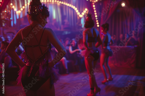 Showgirls at a cabaret or burlesque theatre backstage.