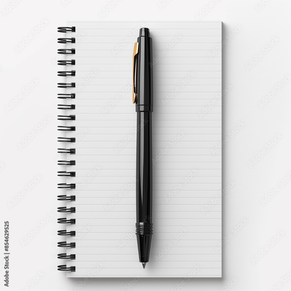 black pen on an empty notebook, A black pen with a gold clip is placed vertically on a spiral-bound notebook with lined pages. The notebook is oriented vertically black pen on an empty notebook, A black pen with a gold clip is placed vertically on a spiral-bound notebook with lined pages. The notebook is oriented vertically