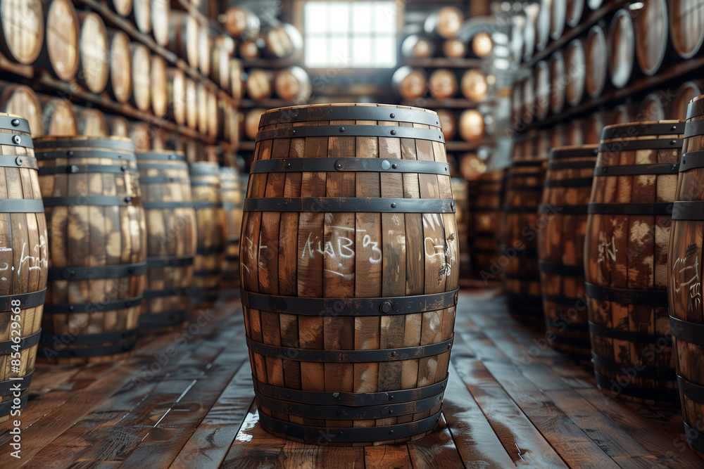 A warehouse filled with wooden barrels. A warehouse filled with wooden barrels.