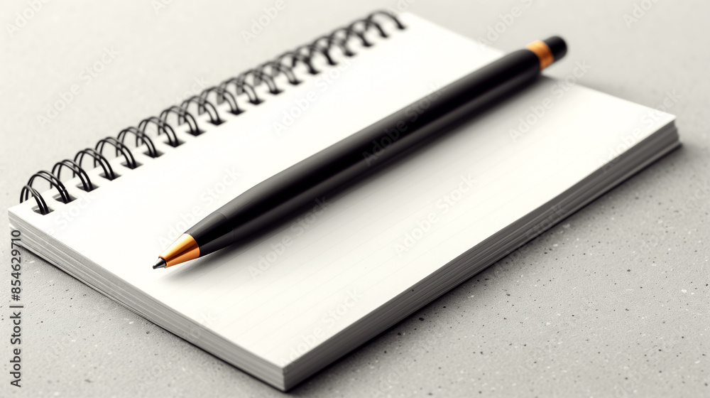 a black pen on an empty notebook, A black pen with gold accents placed on a spiral-bound notebook with lined pages. on a gray, speckled surface. a black pen on an empty notebook, A black pen with gold accents placed on a spiral-bound notebook with lined pages. on a gray, speckled surface.