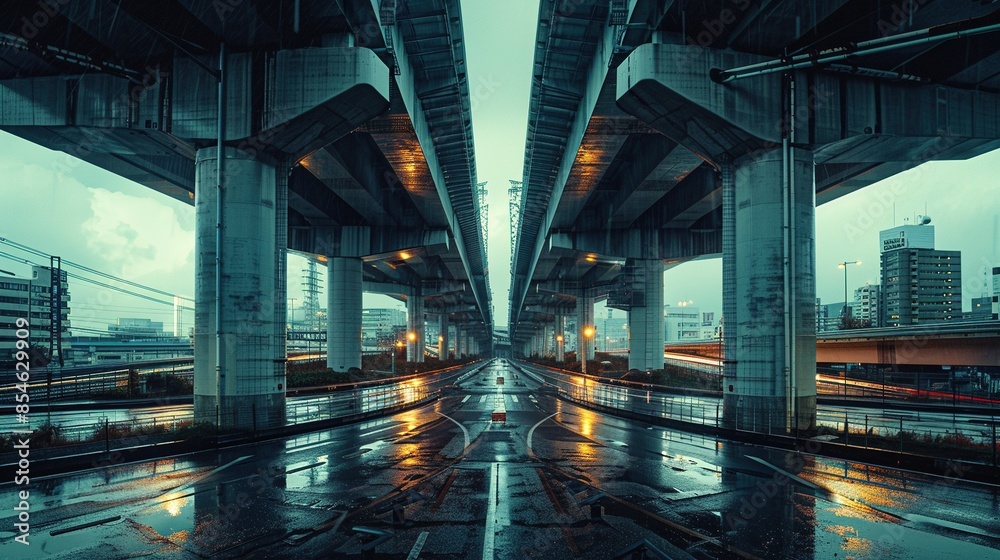 A city street with a bridge in the background A city street with a bridge in the background