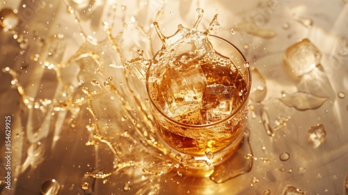 Photos of high quality whiskey glasses Crunchy ice and whiskey splashing around the cup. Top view on a luxurious premium table. Golden light that enhances the whiskey tones in photography