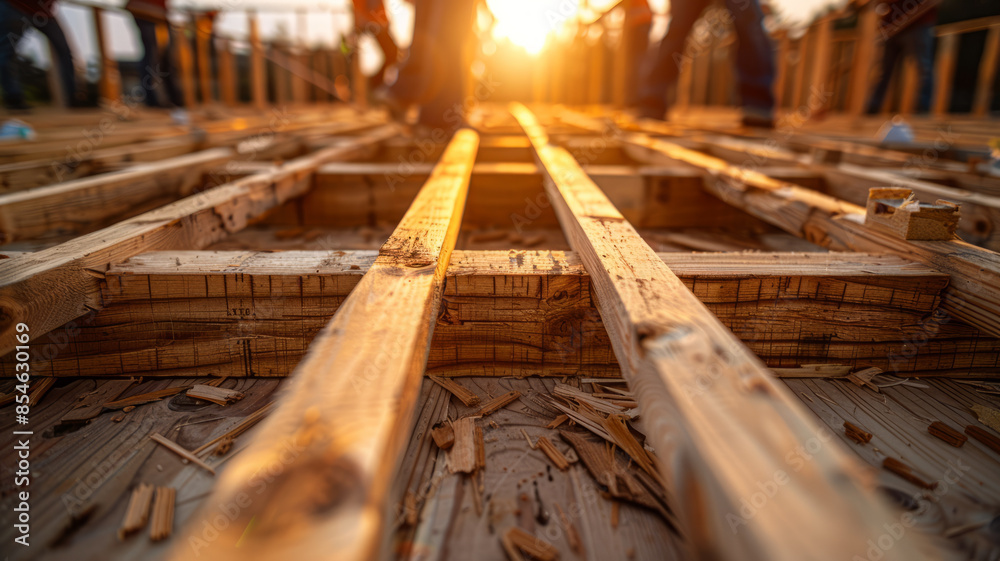 Construction workers building a framework at sunrise. Construction workers building a framework at sunrise.