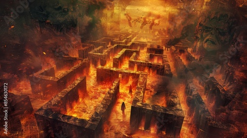 Maze of torment with walls made of fire and brimstone, filled with lost souls and demonic guardians, representing the labyrinthine nature of hell  photo